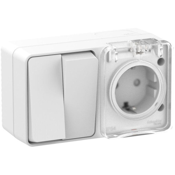 Блок ОП AtlasDesign PROFI IP54 (розетка 1-м 16А заземл. защ. шторки + 2-кл. выключатель 10А) бел. SE ATN540174