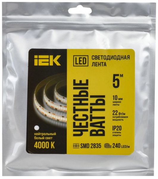 Лента светодиодная 2835-240LED 22Вт/м IP20 10мм 24В 4000К (уп.5м) IEK LSR6-10-240-20-1-05
