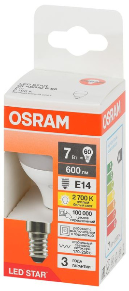 Лампа светодиодная LED Star 7Вт шар 2700К E14 600лм (замена 60Вт) OSRAM 4058075695924