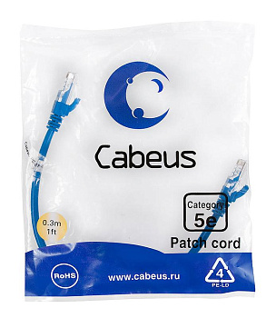 Патч-корд U/UTP кат.5E PC-UTP-RJ45-Cat.5e-0.3m-BL 2хRJ45/8p8c неэкранир. PVC 0.3м син. Cabeus 7662c