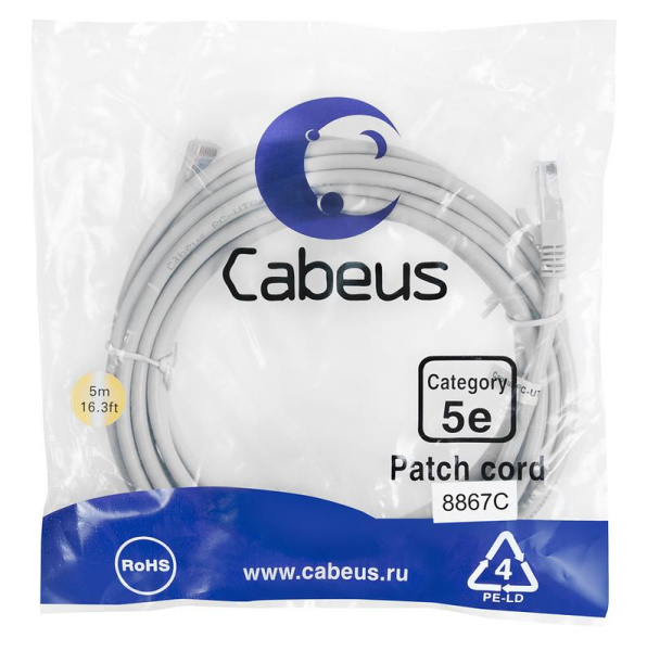 Патч-корд U/UTP кат.5E PC-UTP-RJ45-Cat.5e-5m-LSZH 2хRJ45/8p8c неэкранир. LSZH 5м сер. Cabeus 8867c