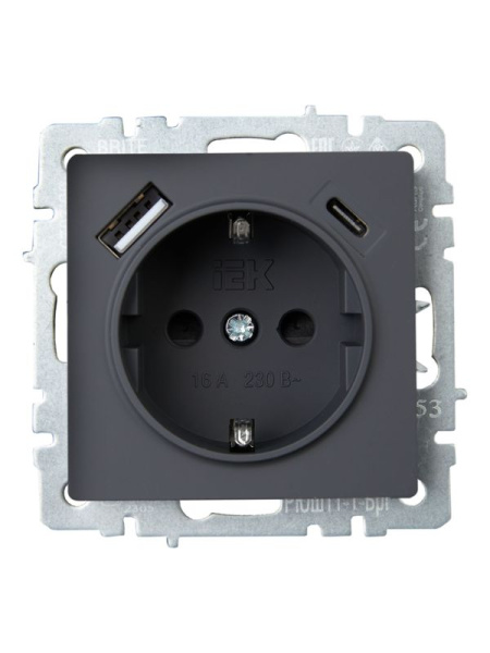 Розетка BRITE РЮш11-1-БрГ 16А с USB A+C 18Вт с заземл. защ. шторки механизм графит IEK BR-R14-16-U22-018-K53