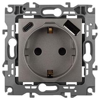 Розетка Эра12 12-4108-16 16А 250В 2P+E с USB type-A+C 5В-3А защ. шторки титан Эра Б0067762