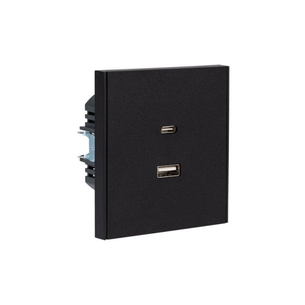 Розетка 2-м СП STRONG 16А IP20 USB-A + Type-C 3А с функцией быстрой зарядки антрацит Kranz KR-78-0734-5