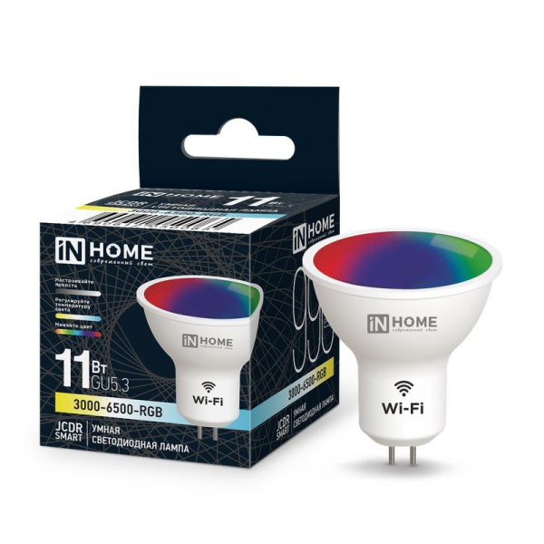Лампа светодиодная LED-JCDR-RGBW-SMART 11Вт 3000-6500К GU5.3 990лм 230В димм. IN HOME 4690612050065