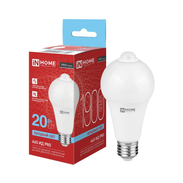Лампа светодиодная LED-A65 ИД-PRO 20Вт 6500К E27 1900лм 230В 5м 35сек с инфракрасным датчиком и датчиком освещенности IN HOME 4690612067827