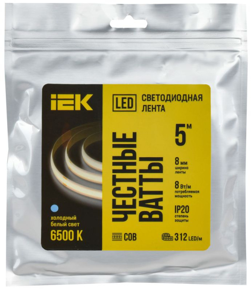 Лента светодиодная COB-312LED 8Вт/м IP20 8мм 24В 6500К (уп.5м) IEK LSR11-2-312-20-1-05