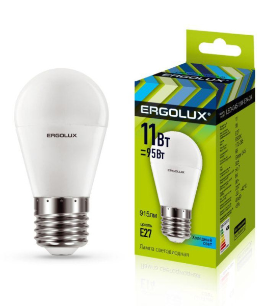 Лампа светодиодная LED-G45-11W-E27-4K 11Вт шар матовая 4000К бел. E27 220-240В Ergolux 13631