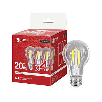 Лампа светодиодная LED-A60-deco 4PACK 20Вт прозрачная 4000К E27 1890лм 230В (уп.4шт) IN HOME 4690612063232