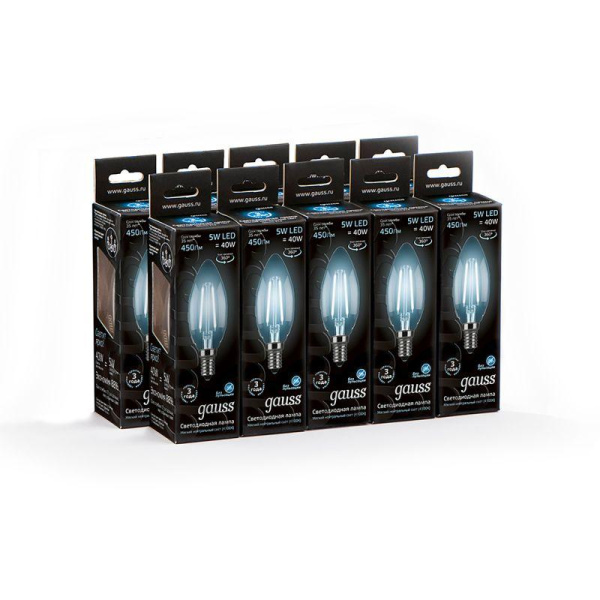 Лампа светодиодная филаментная Black Filament 5Вт свеча 4100К нейтр. бел. E14 450лм GAUSS 103801205