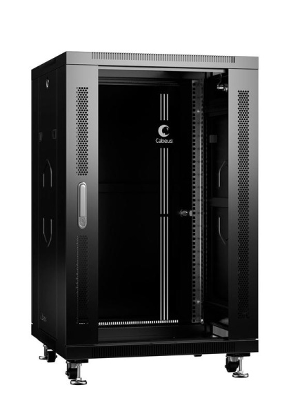 Шкаф монтажный телекоммуникационный напольный SH-05C-18U60/100-BK 19дюйм для распред. и серверн. оборудования 18U 600х1000х988мм передн. стеклян. и задн. сплошн. метал. двери ручка с замком черн. (RAL 9004) Cabeus 8539c
