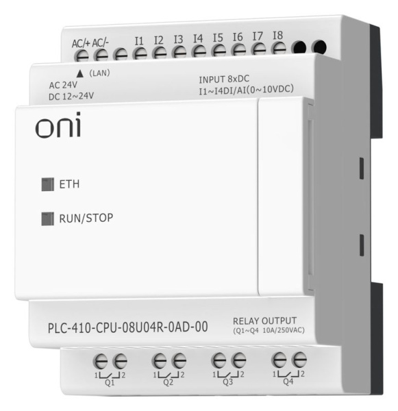 Модуль ЦПУ ПЛК 410 4 DI 4 UI (0-10 В/DI) 4 RO 12В-24В DC или 24В AC с Ethernet портом без экрана ONI PLC-410-CPU-08U04R-0AD-00