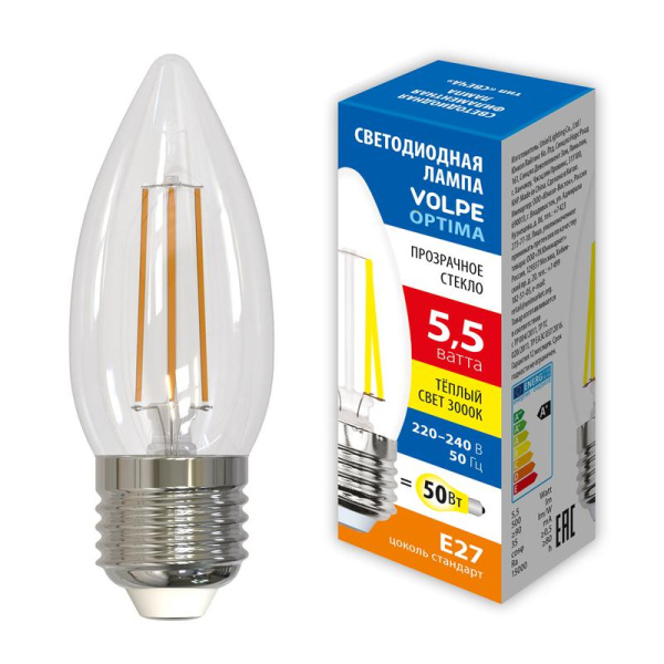Лампа светодиодная LED-C35-5.5W/3000K/E27/CL/SLF 5.5Вт свеча прозрачная 3000К тепл. бел. E27 Volpe UL-00008463