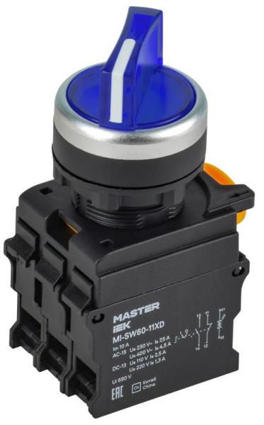 Переключатель 2 полож. 1НО+1НЗ с подсветкой син. MASTER IEK MI-SW60-11XD-3-14-2-K07