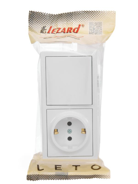 Блок ОП LETO (1-кл. выключатель + 1-м розетка с заземл.) горизонт. бел. LEZARD 752-0200-170BAP