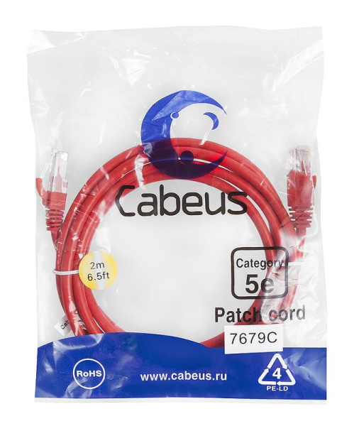 Патч-корд U/UTP кат.5E PC-UTP-RJ45-Cat.5e-2m-RD-LSZH 2xRJ45/8p8c неэкранир. LSZH 2м красн. Cabeus 9515c