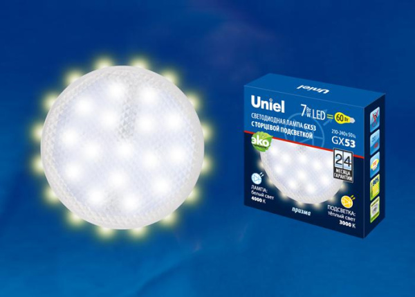 Лампа светодиодная LED-GX53-7W/4000K+3000K/GX53/PR PLB02WH 7Вт 3000К тепл. бел. GX53 призма торц. подсветка (упак. картон) Uniel UL-00006499