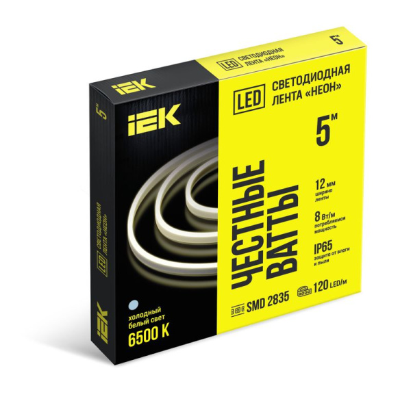 Лента светодиодная "неон" 2835-120LED 8Вт/м IP65 12мм 24В 6500К (уп.5м) IEK LSR6-2-120-65-3-05