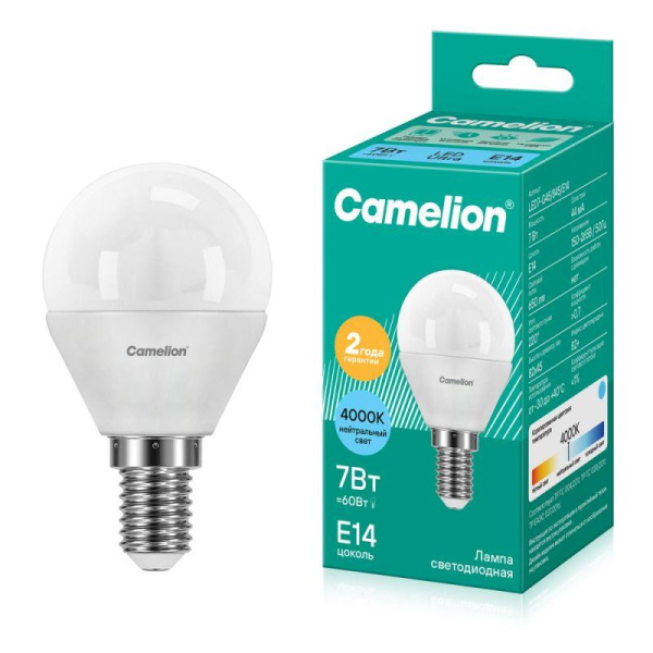 Лампа светодиодная LED7-G45/845/E14 7Вт шар матовая 4500К бел. E14 590лм 220В Camelion 12071