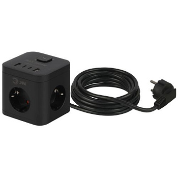 Удлинитель куб 3х1.5 с заземл. 16А IP20 CUBE-3es-1.5m-4USB-B с выключателем + 4xUSB A+C черн. Эра Б0069074