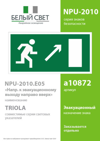 Знак безопасности NPU-2110.E05 "Направление к эвакуационному выходу направо вверх" Белый свет a10872