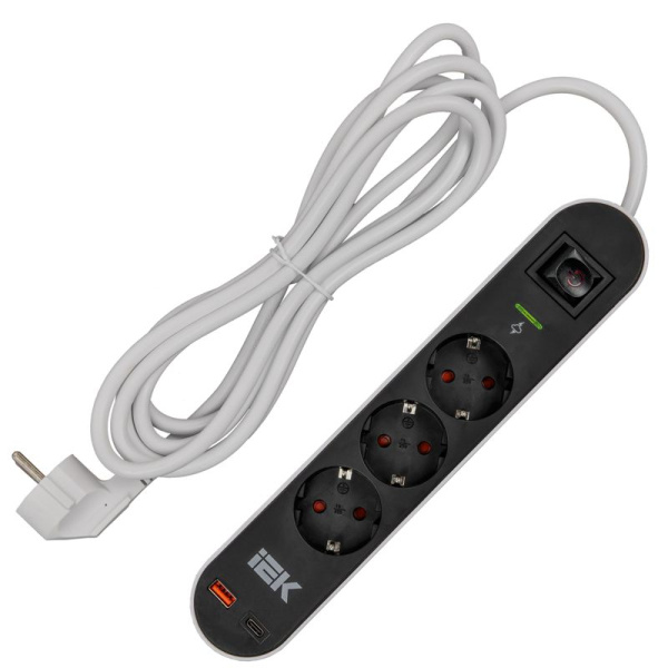 Фильтр сетевой СФ-03К 16А USB A+C 20Вт 3м 3х1.5кв.мм черн. IEK WFP10-16-03-03-ZKU-K02