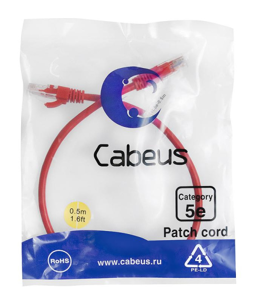 Патч-корд U/UTP кат.5E PC-UTP-RJ45-Cat.5e-0.5m-RD-LSZH 2xRJ45/8p8c неэкранир. LSZH 0.5м красн. Cabeus 9512c