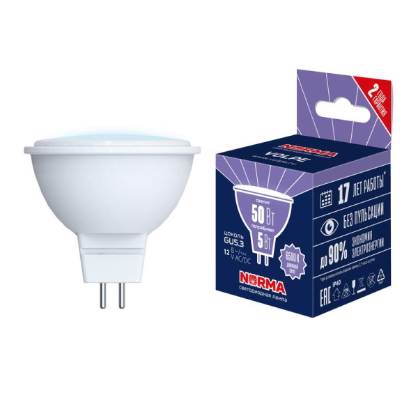 Лампа светодиодная LED-MR16-5W/6500K/GU5.3/FR/NR Norma 5Вт MR16 матовая 6500К дневной бел. свет GU5.3 картон Volpe UL-00011013
