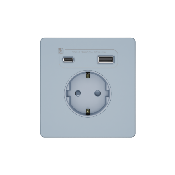 Розетка 1-м СП Systeme Infinity 16А IP20 250В с заземл. и заряд. устр. USB А+С 20Вт защ. шторки стальное небо SE FSE001132