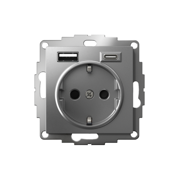 Розетка 1-м СП AtlasDesign 16А IP20 с 2-мя заряд. устройствами USB тип A+C механизм сталь SE ATN000932