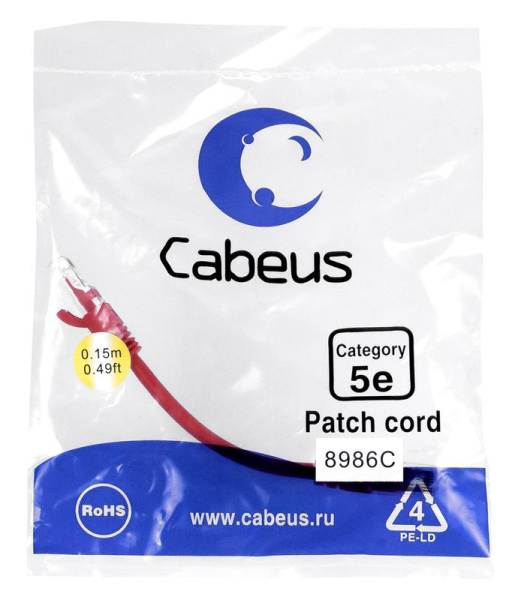 Патч-корд U/UTP кат.5E PC-UTP-RJ45-Cat.5e-0.15m-RD 2xRJ45/8p8c неэкранир. PVC 0.15м красн. Cabeus 8986c