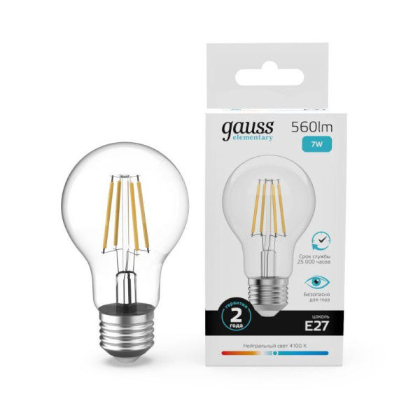 Лампа светодиодная филаментная Filament Elementary А60 7Вт 4100К Е27 560лм GAUSS 22227