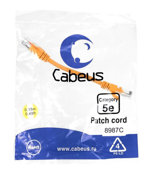 Патч-корд U/UTP кат.5E PC-UTP-RJ45-Cat.5e-0.15m-OR-LSZH 2хRJ45/8p8c неэкранир. LSZH 0.15м оранж. Cabeus 9518c