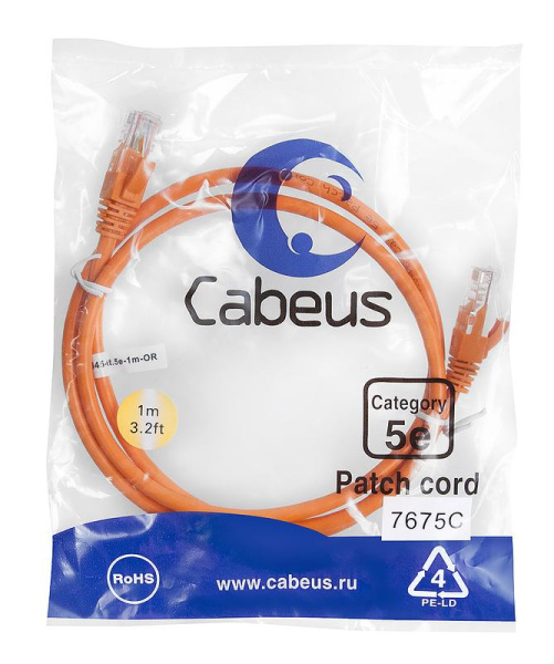 Патч-корд U/UTP кат.5E PC-UTP-RJ45-Cat.5e-1m-OR-LSZH 2xRJ45/8p8c неэкранир. LSZH 1м оранж. Cabeus 9521c