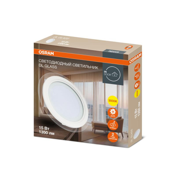 Светильник светодиодный Downlight DL GLASS 830 WT 15Вт 3000К IP20 1350лм ДВО даунлайт кругл. встраив. с декор. стеклом бел. OSRAM 4607194230747