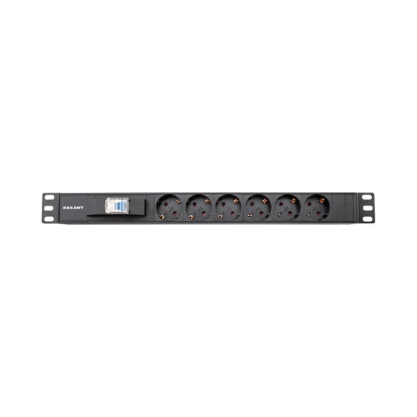Блок распределения питания PDU 6 розеток СЕЕ 7/4 Schuko 16А автомат защиты вилка СЕЕ 7/7 горизонт. шнур 2м корпус алюм. Rexant 04-0103-1