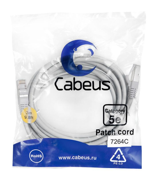 Патч-корд F/UTP кат.5E PC-FTP-RJ45-Cat.5e-3m 2xRJ45/8p8c экранир. PVC 3м сер. Cabeus 7264c