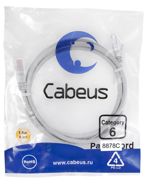 Патч-корд U/UTP кат.6 PC-UTP-RJ45-Cat.6-1.5m-LSZH 2xRJ45/8p8c неэкранир. LSZH 1.5м сер. Cabeus 8878c