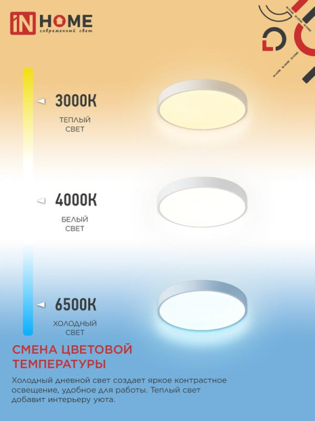 Светильник светодиодный SCANDY SIMPLE-125RCW 125Вт 3000-6500К 10000лм 230В 400х50мм с пультом ДУ бел. IN HOME 4690612062129