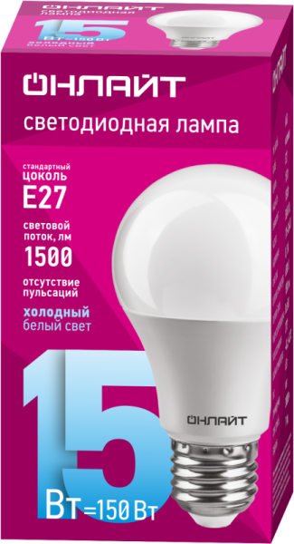Лампа светодиодная 61 151 OLL-A60-15-230-6.5K-E27 15Вт грушевидная 6500К холод. бел. E27 1500лм 176-264В ОНЛАЙТ 61151