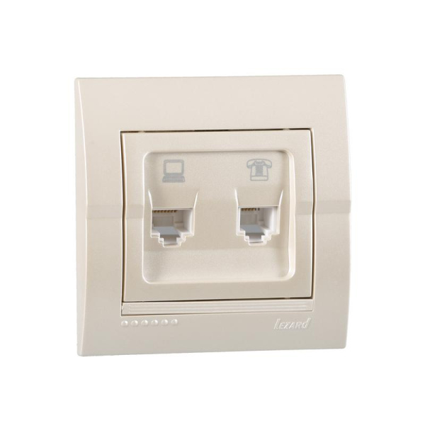 Розетка компьютерная + телефонная 2-м СП Deriy RJ45 + RJ11 IP20 жемчуж./бел. метал. LEZARD 702-3030-143