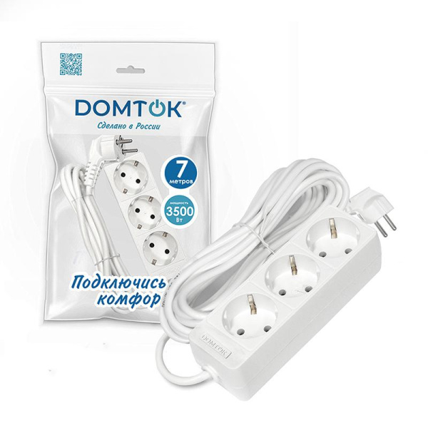 Удлинитель 3х7м с заземл. 16А IP20 3.5кВт ПВС 3х1 бел. DOMTOK 2393