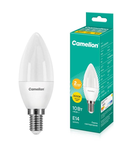Лампа светодиодная LED10-C35/830/E14 10Вт свеча матовая 3000К тепл. бел. E14 220В Camelion 13559