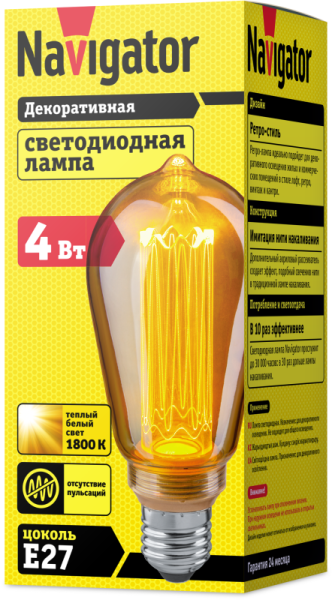 Лампа светодиодная 14 232 NLL-SC17-ST64-4-230-1.8K-E27-PMMA прозрачная 1800К тепл. бел. E27 200лм 220-240В Navigator 14232