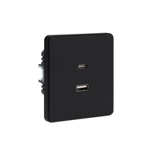 Розетка 2-м СП ROUND 16А IP20 USB-A + Type-C 3А с функцией быстрой зарядки оникс Kranz KR-78-0734-3