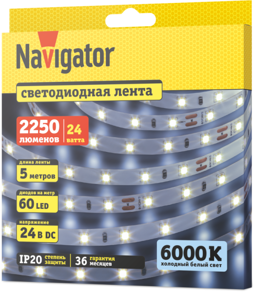 Лента светодиодная 95 295 NLS-2835CW60-4.8-IP20-24V (уп.5м) Navigator 95295