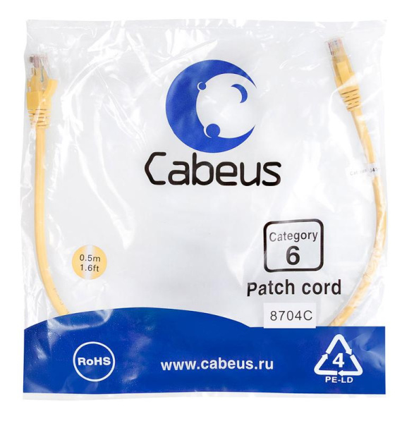 Патч-корд U/UTP кат.6 PC-UTP-RJ45-Cat.6-0.5m-YL 2xRJ45/8p8c неэкранир. PVC 0.5м желт. Cabeus 8704c
