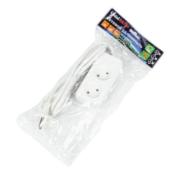 Удлинитель 2х1.5м без заземл. 10А Ultra S-CU2-1.5 WHITE бел. Uniel UL-00009975