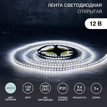 Лента светодиодная 12В SMD2835 9.6Вт/м 120LED/м 6500K 8мм IP20 (уп.5м) LAMPER 141-395