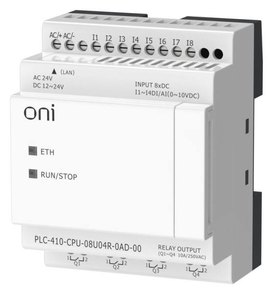 Модуль ЦПУ ПЛК 410 4 DI 4 UI (0-10 В/DI) 4 RO 12В-24В DC или 24В AC с Ethernet портом без экрана ONI PLC-410-CPU-08U04R-0AD-00